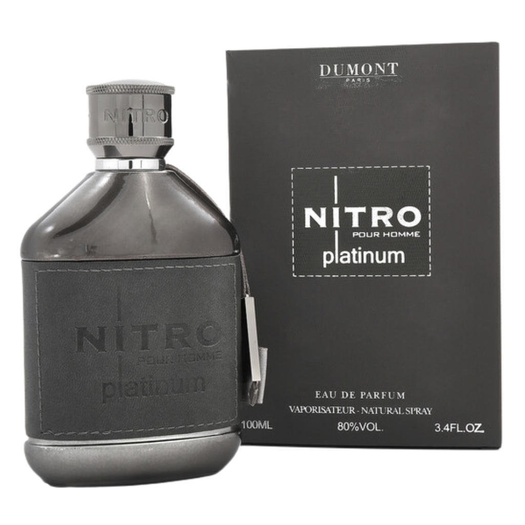 Nitro Platinum EDP in a sleek dark gray bottle with matching box, luxury fragrance decant for men cologne sample