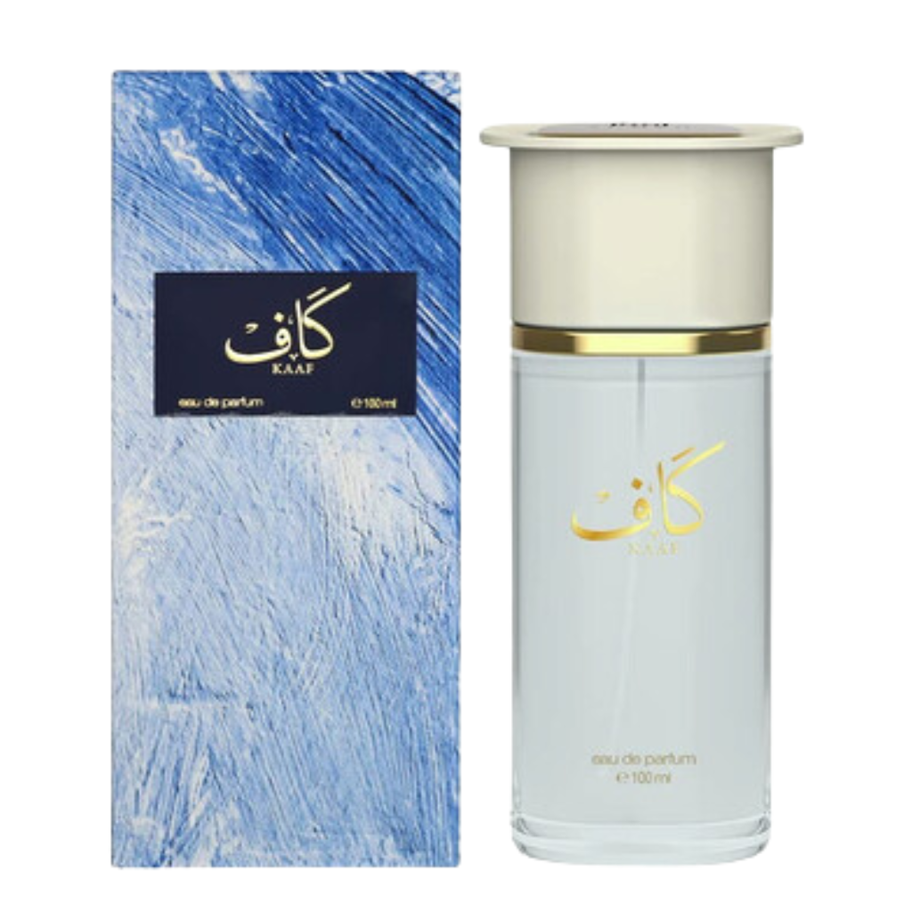 Kaaf Extrait de Parfum bottle with gold accents beside a textured blue and white box packaging