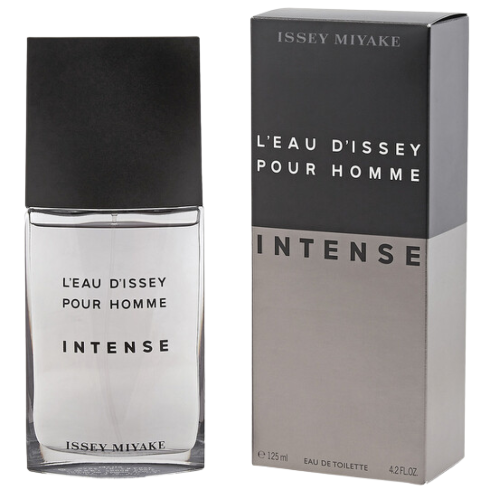 L’Eau d’Issey Pour Homme Intense EDT bottle with black cap beside gray and black packaging box