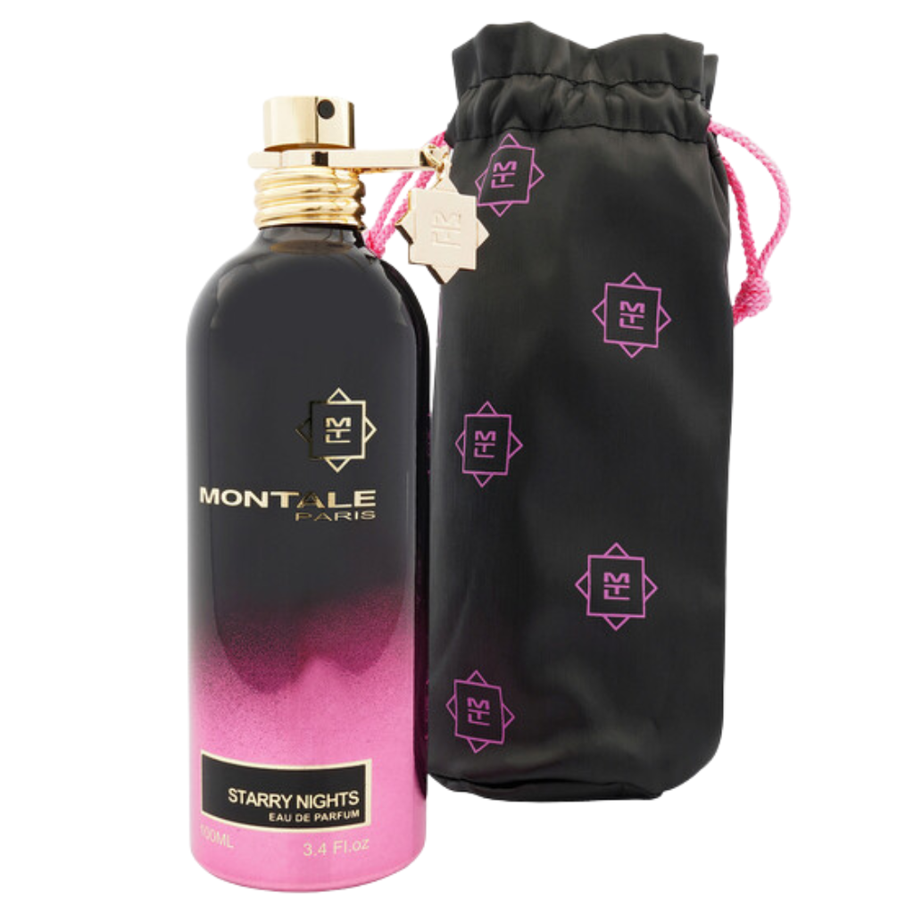 Montale Paris Starry Nights EDP perfume bottle with black and pink gradient and black drawstring pouch.
