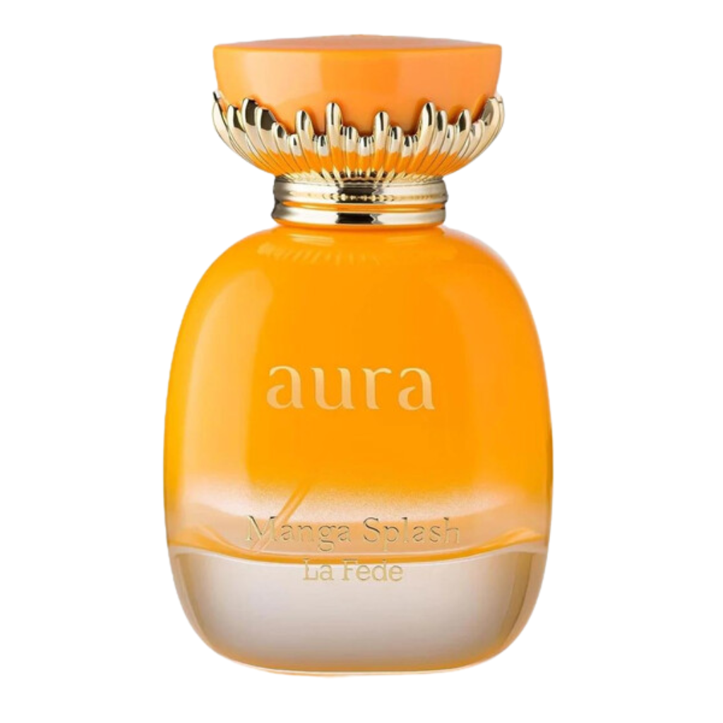 La Fede Aura Manga Splash EDP perfume bottle in vibrant orange with gold decorative cap and elegant lettering