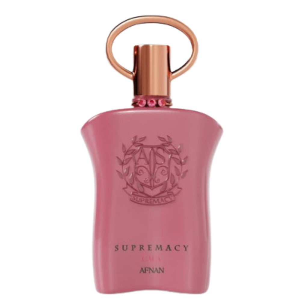 Pink bottle of Supremacy Gala EDP with copper cap and elegant embossed logo design on front