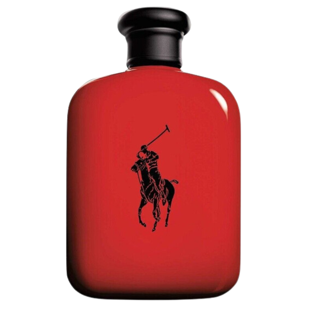 Red bottle of Polo Red EDT with black cap and black polo player logo on the front for authentic fragrance decants.