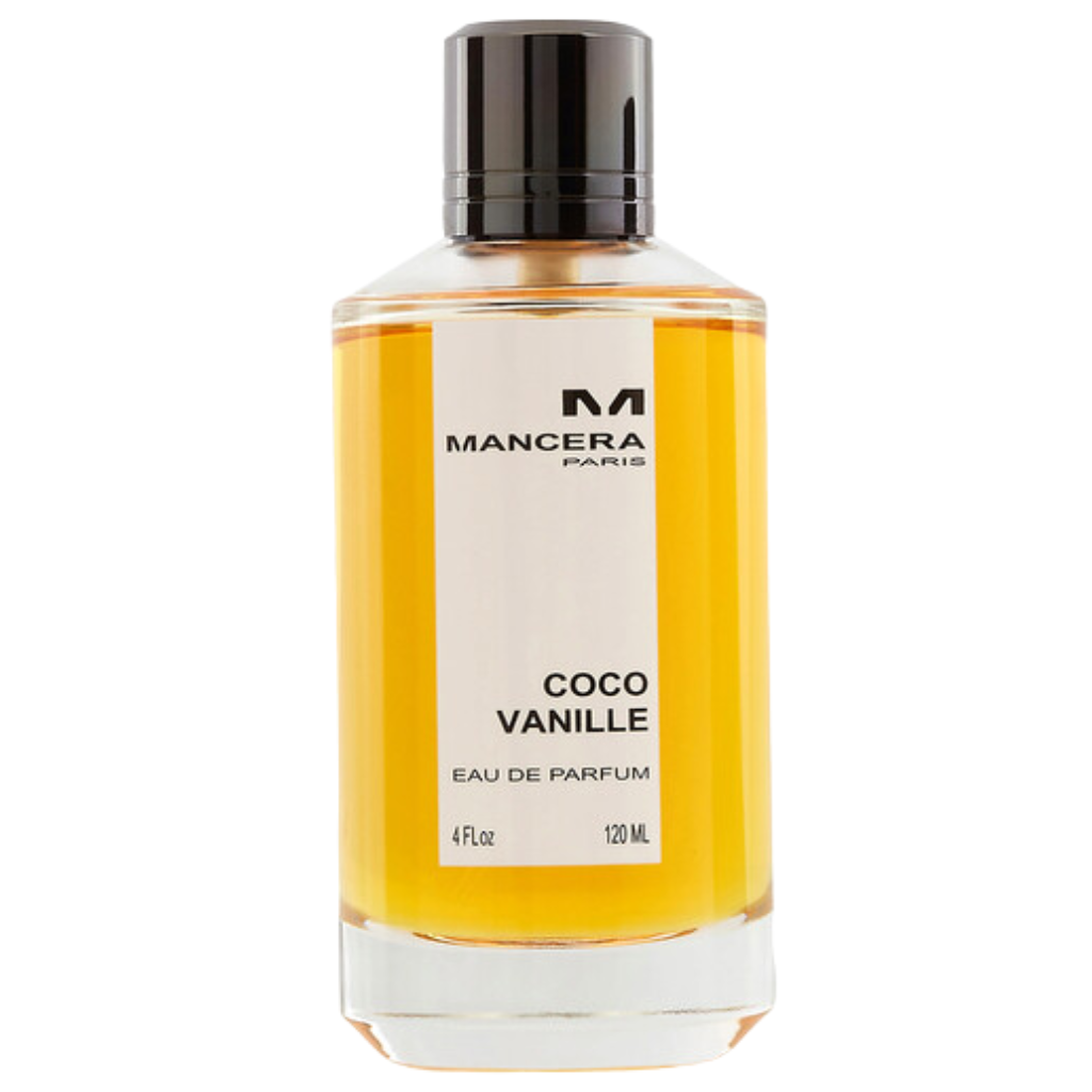 Coco Vanille EDP perfume bottle with golden amber liquid and sleek black cap, elegant niche fragrance decant.