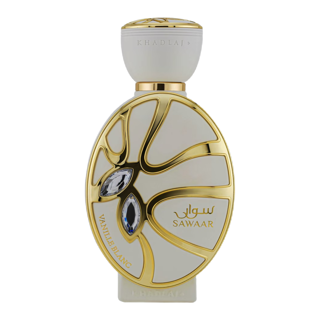 Elegant white and gold bottle of Sawaar Vanille Blanc Extrait de Parfum with decorative gemstone accents