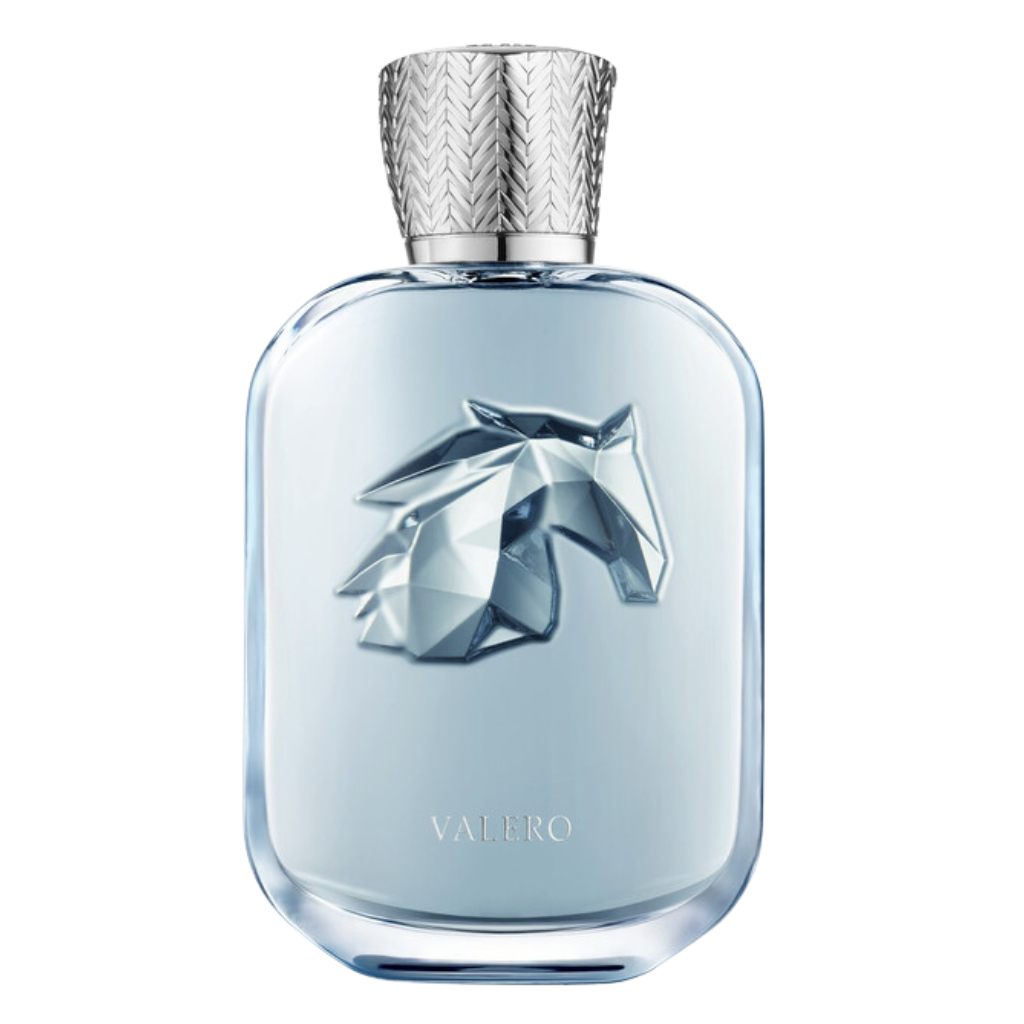 Valero Extrait de Parfum bottle with a silver geometric horse emblem and textured metallic cap design