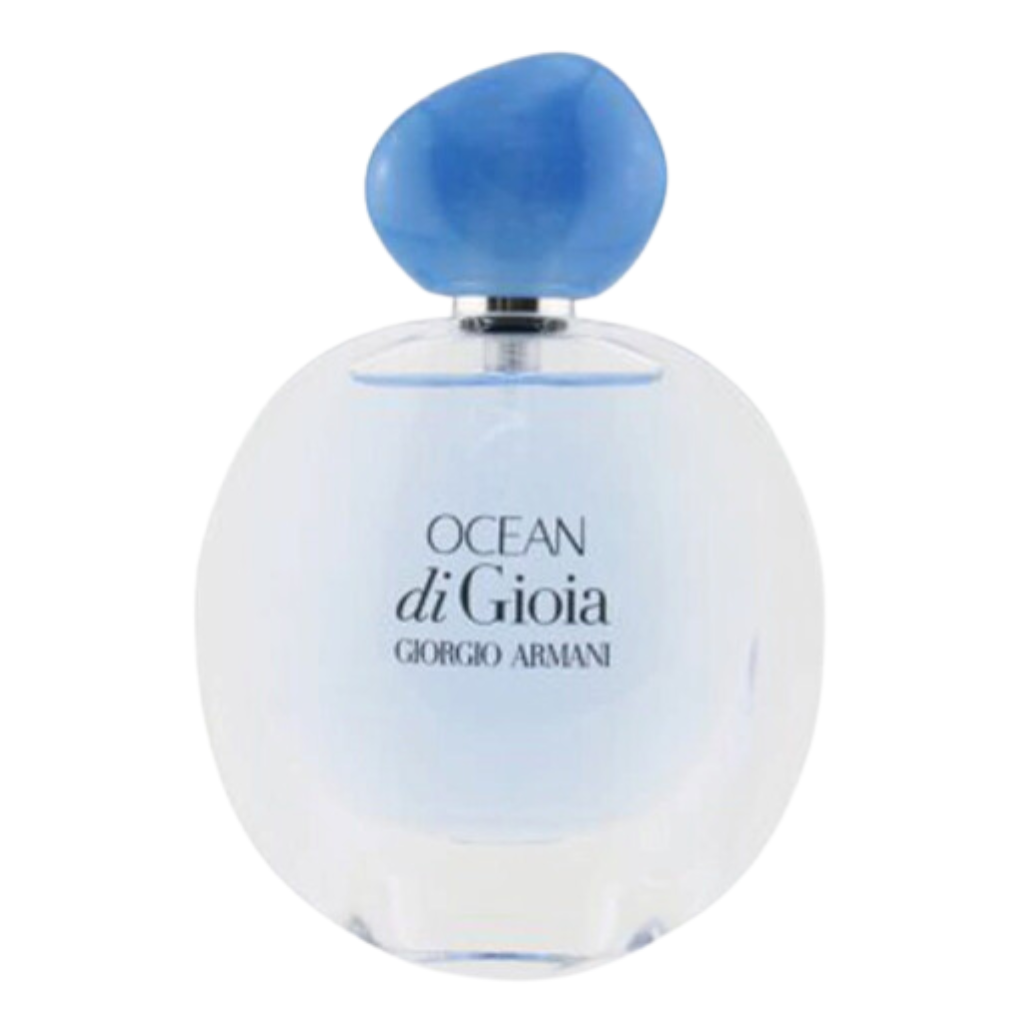 Clear rounded glass bottle of Ocean Di Gioia EDP with blue cap showcasing elegant fragrance design