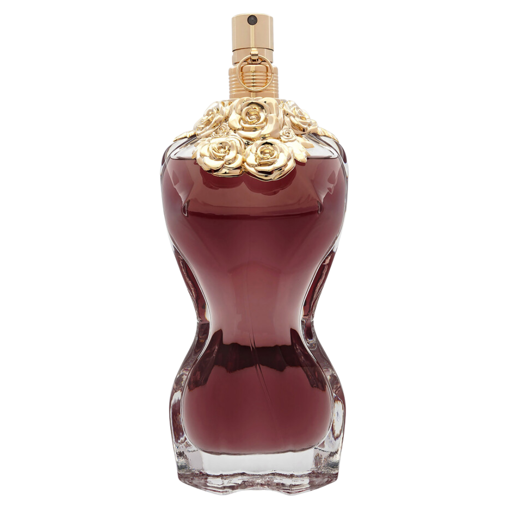 La Belle EDP perfume bottle shaped like a feminine torso with golden floral embellishments on the neck