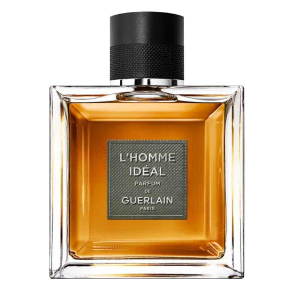 L'Homme Ideal Parfum bottle with amber liquid and black textured cap showcasing luxury men's fragrance design