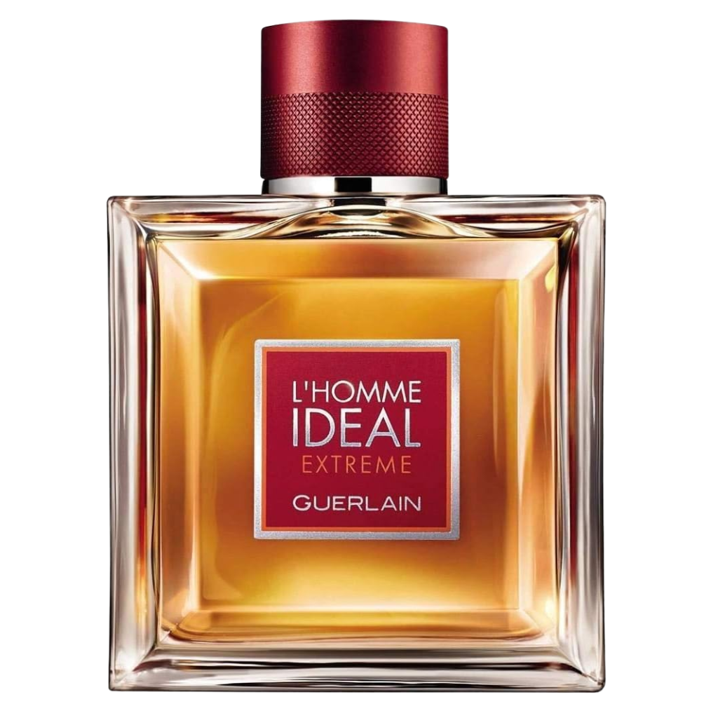 Square glass bottle of L'Homme Ideal Extreme EDP with amber liquid and textured red cap on white background