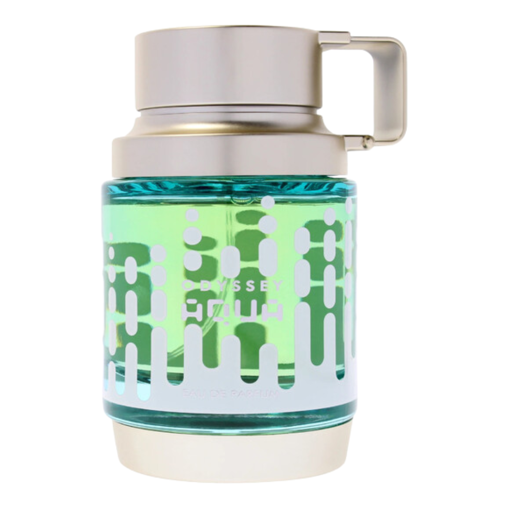 Odyssey Aqua EDP perfume bottle with turquoise liquid and modern silver cap design against white background