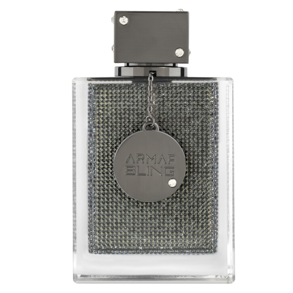 Luxury perfume bottle with dark metallic embellishments and shiny accents for Club De Nuit Bling EDP fragrance by Armaf Fragrance