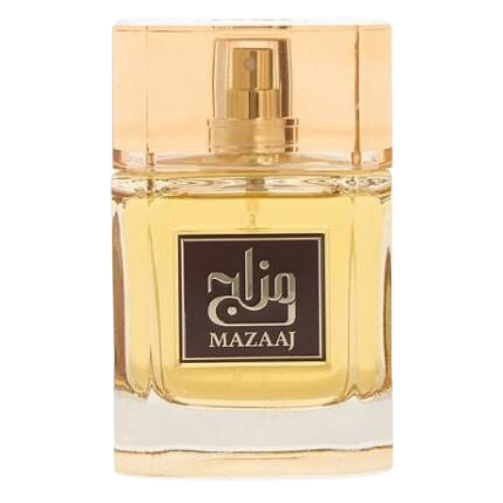 Mazaaj EDP perfume bottle with amber-colored liquid and elegant gold spray top in a clear glass container