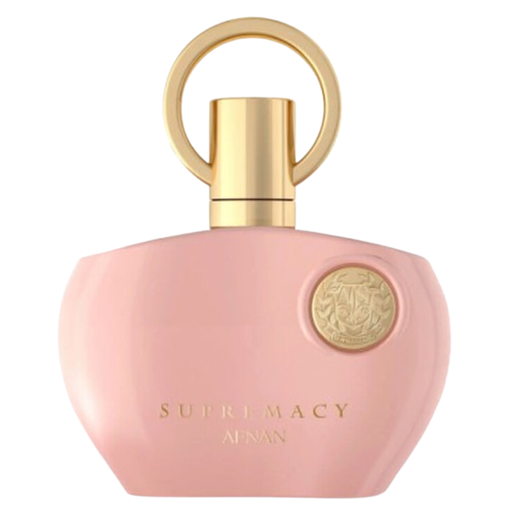 Elegant pink perfume bottle with gold accents labeled Supremacy Pink EDP for a luxurious fragrance experience