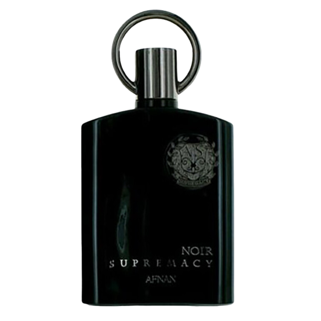Supremacy Noir EDP elegant black perfume bottle with metallic cap and round ring for a bold fragrance statement
