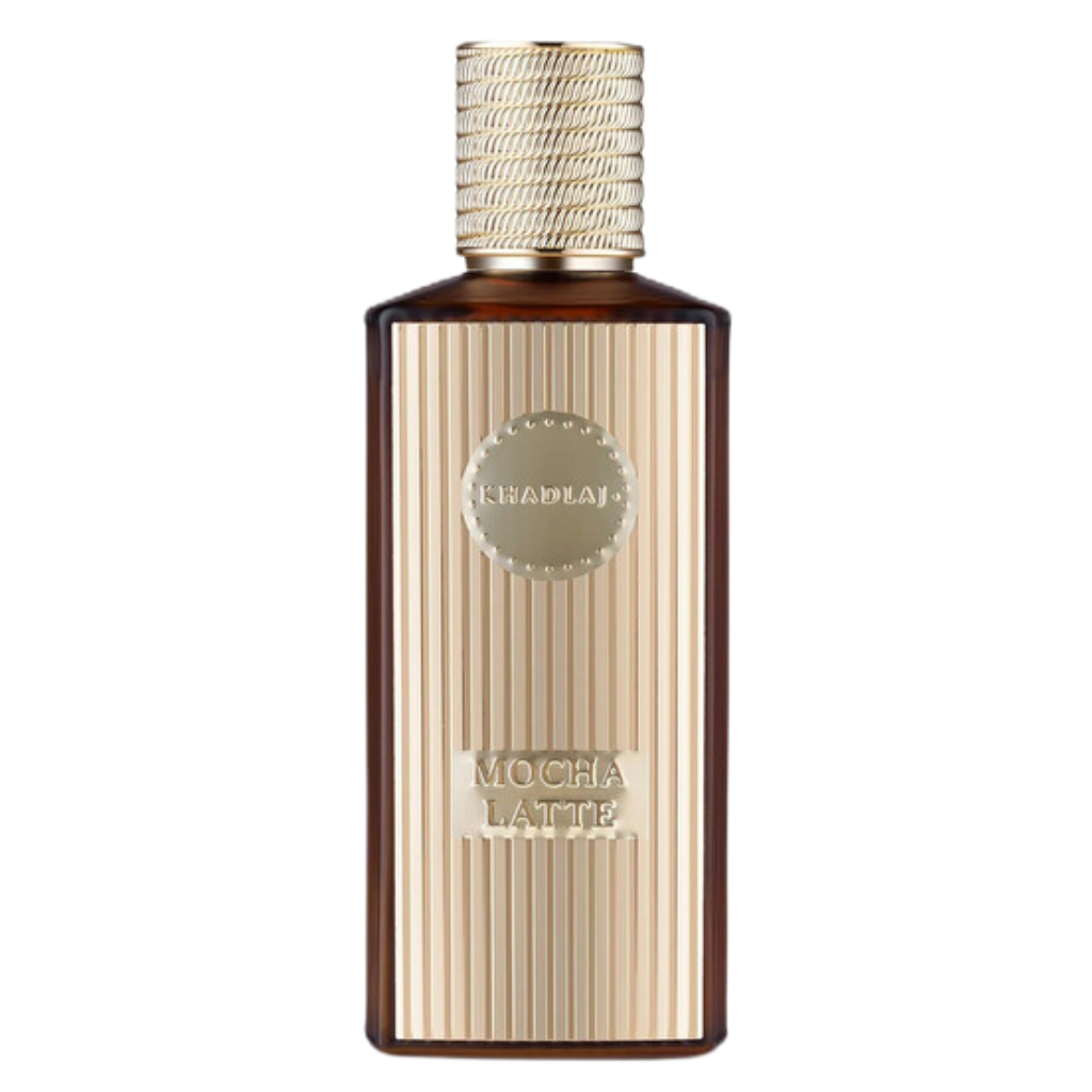 Elegant brown and beige bottle of Mocha Latte Extrait de Parfum with textured gold cap and label detailing