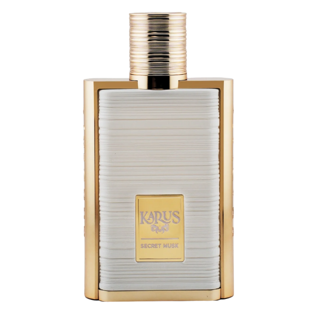 Elegant white and gold bottle of Karus Secret Musk EDP with textured finish and sophisticated design details
