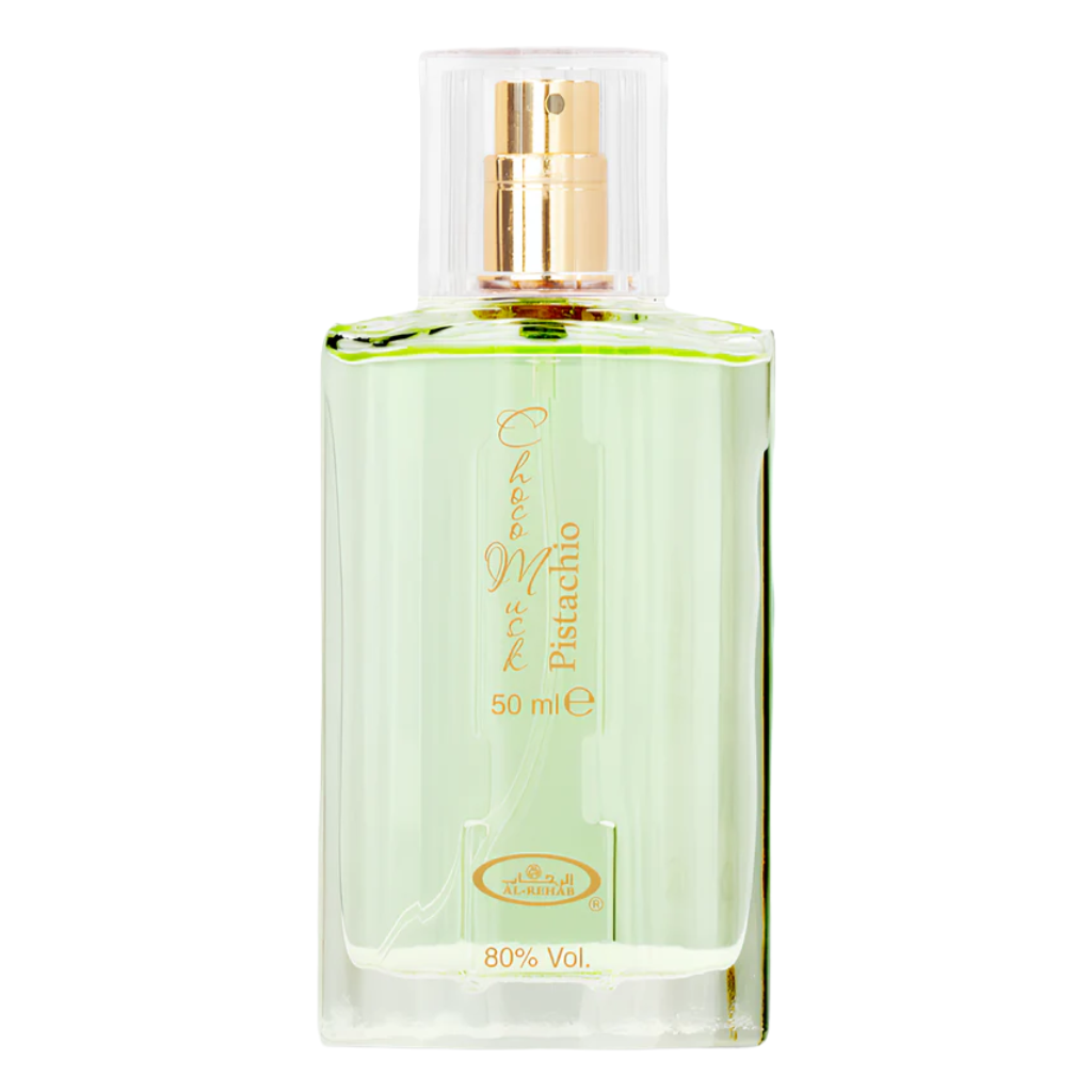 Clear rectangular perfume bottle with light green liquid labeled Choco Musk Pistachio EDP with gold spray nozzle and cap