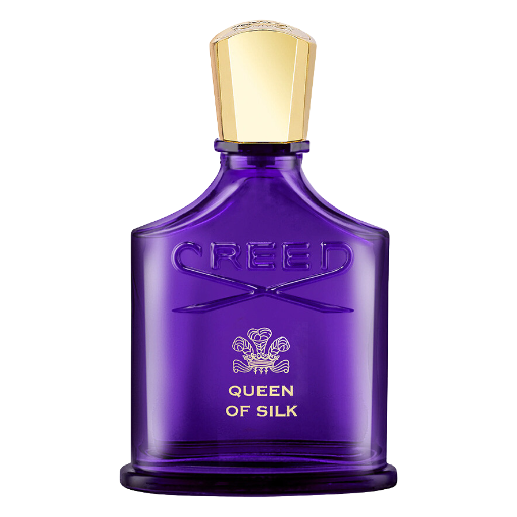 Purple glass perfume bottle with gold cap labeled Queen Of Silk EDP Tester by Creed fragrance brand