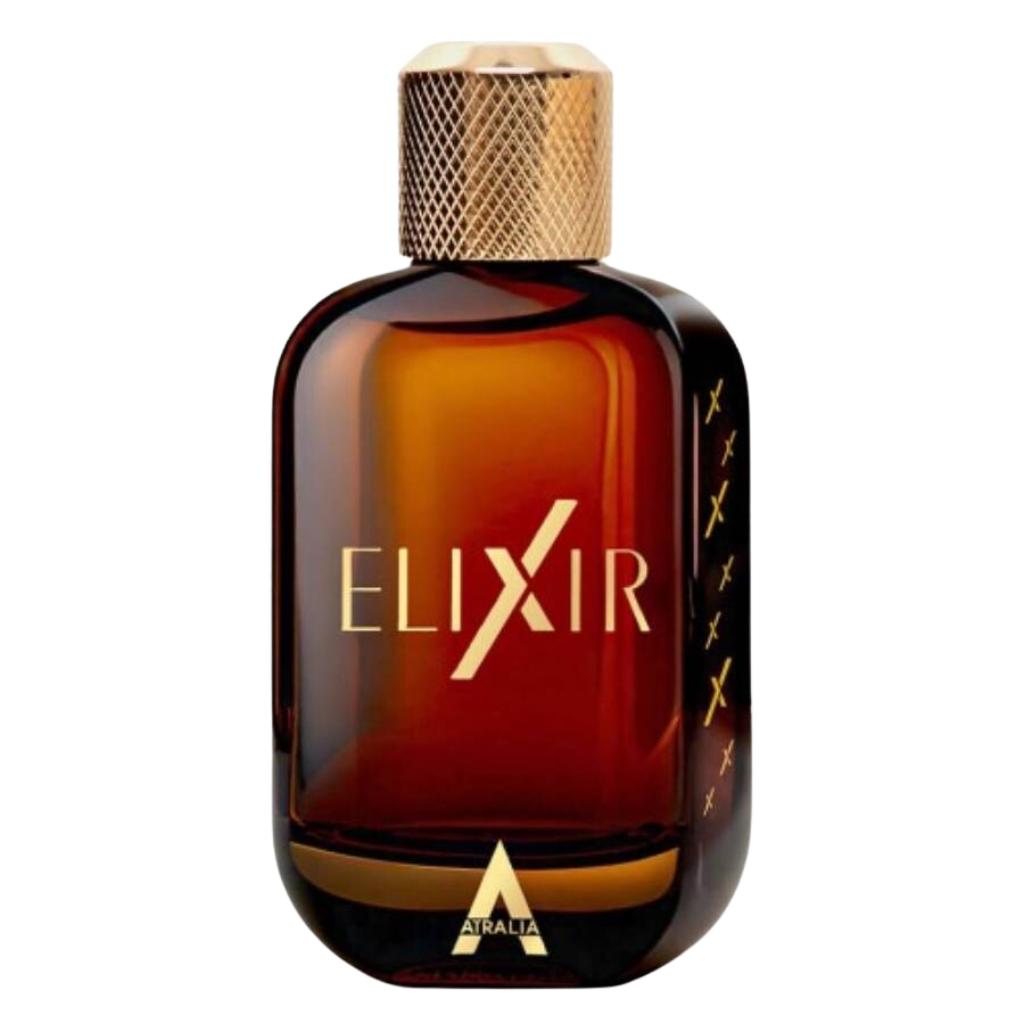 Amber glass bottle of Elixir EDP with a textured gold cap and minimalist branding on a white background