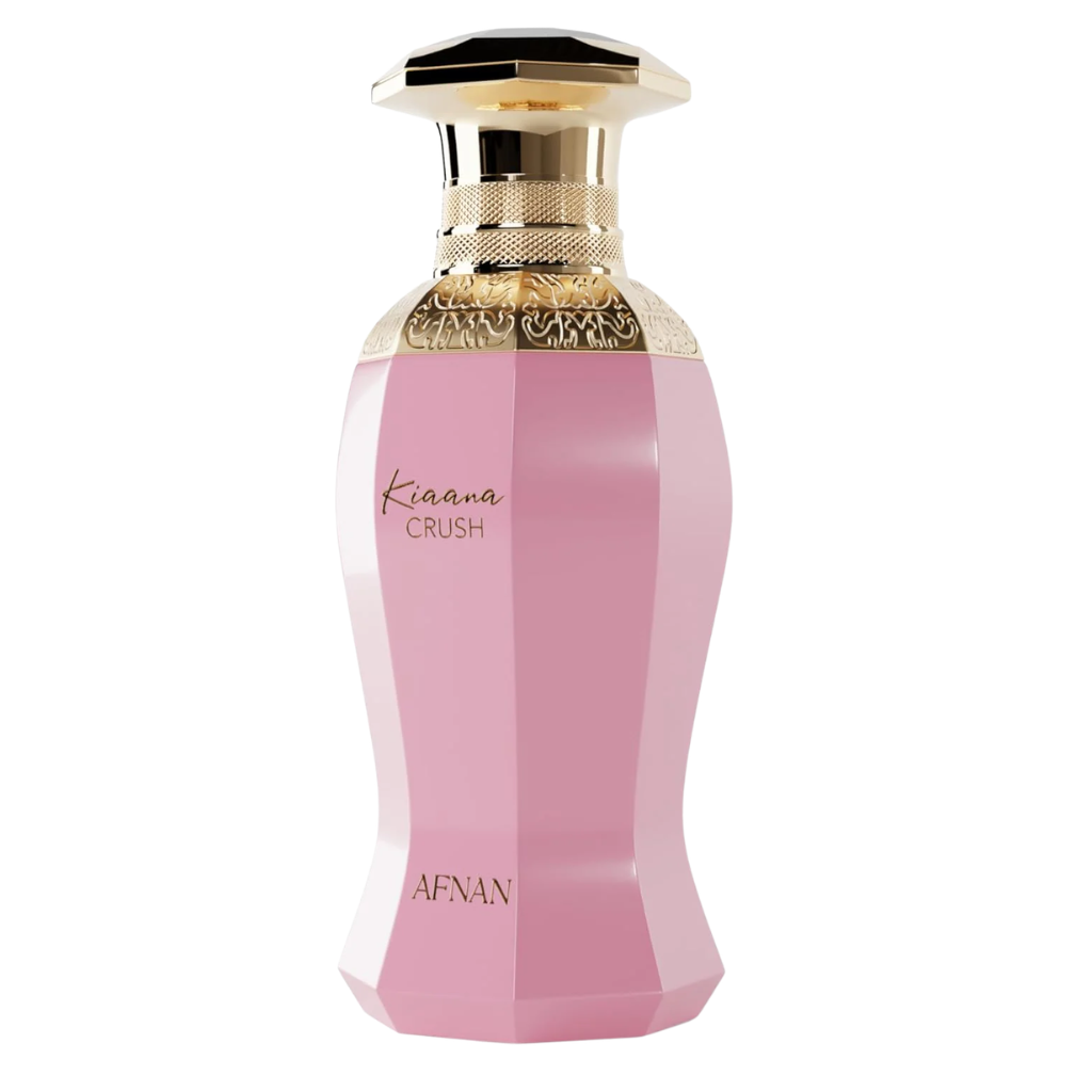 Elegant pink and gold bottle of Kiaana Crush EDP perfume with intricate detailing and a faceted design