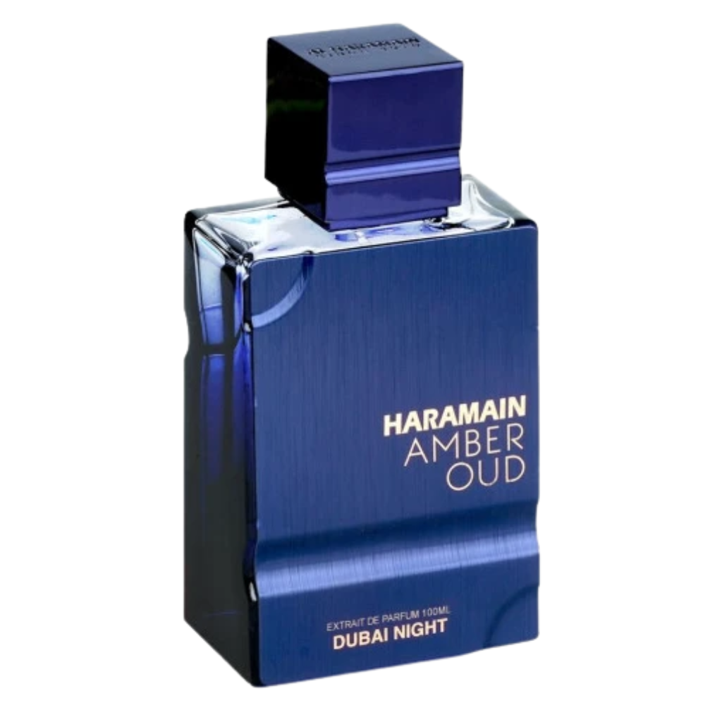 Elegant blue bottle of Amber Oud Dubai Night Extrait de Parfum showcasing a sleek, modern design with gold lettering.