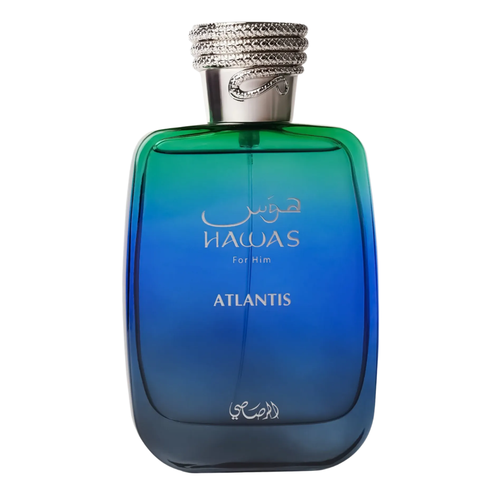 Hawas Atlantis EDP bottle with blue and green gradient glass and a decorative silver cap for men fragrance