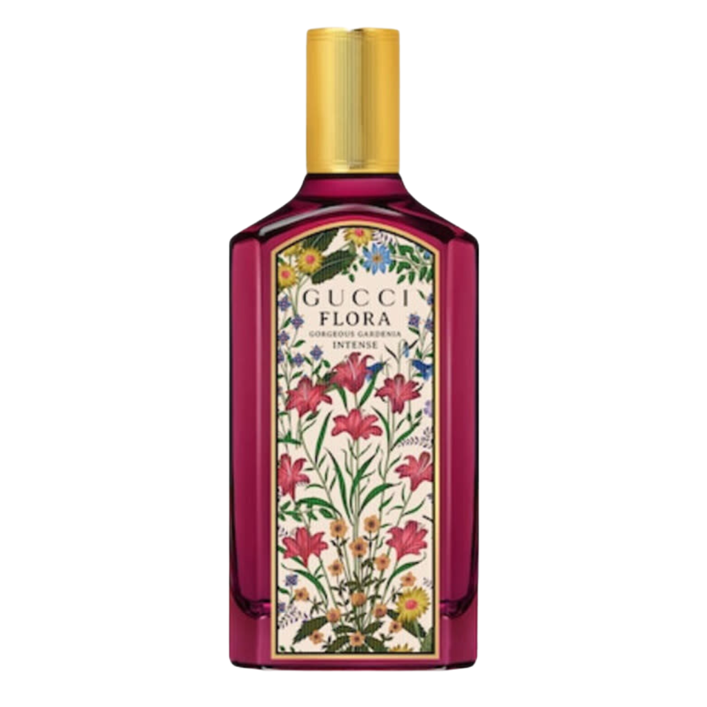 Flora Gorgeous Gardenia Intense EDP bottle with floral design and gold cap against a white background