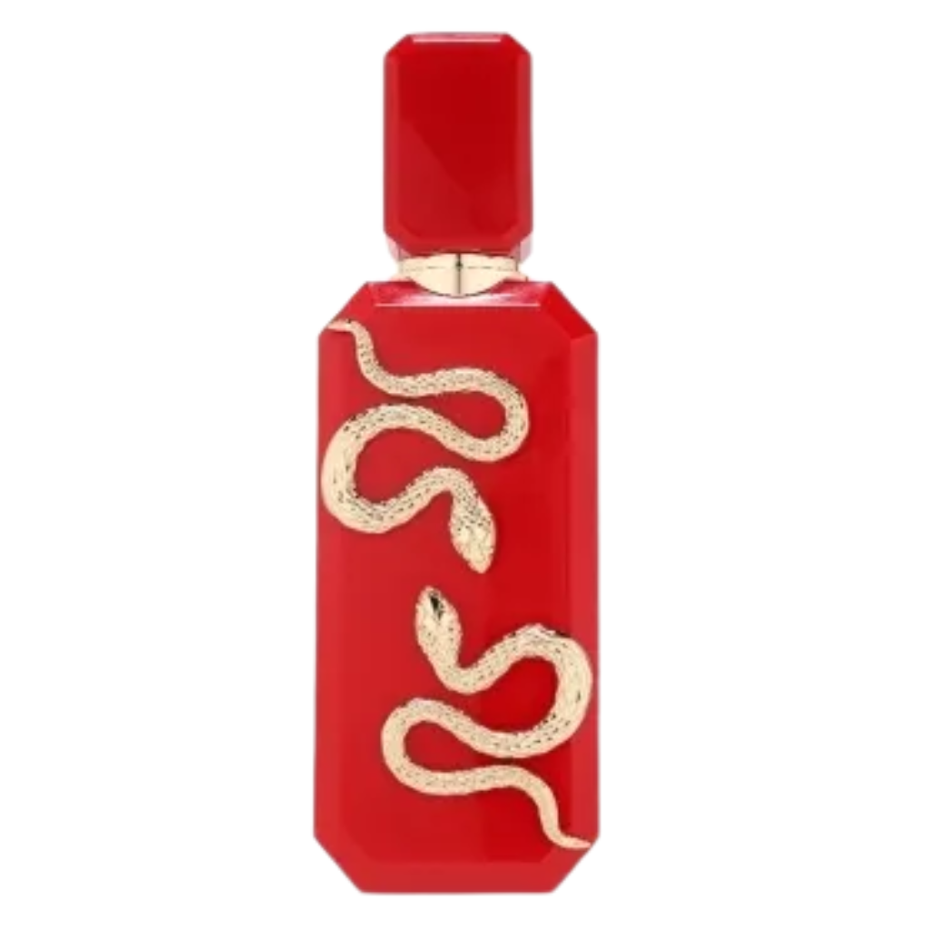 Veneno Scarlet EDP perfume bottle in bold red with a gold snake design and geometric cap detailing.