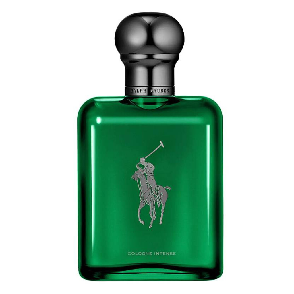 Green glass bottle of Polo Green Intense EDC cologne with black rounded cap and embossed logo on front
