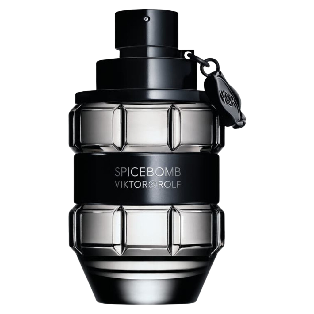 Black and transparent grenade-shaped bottle of Spicebomb EDT perfume with a minimalist design and attached charm