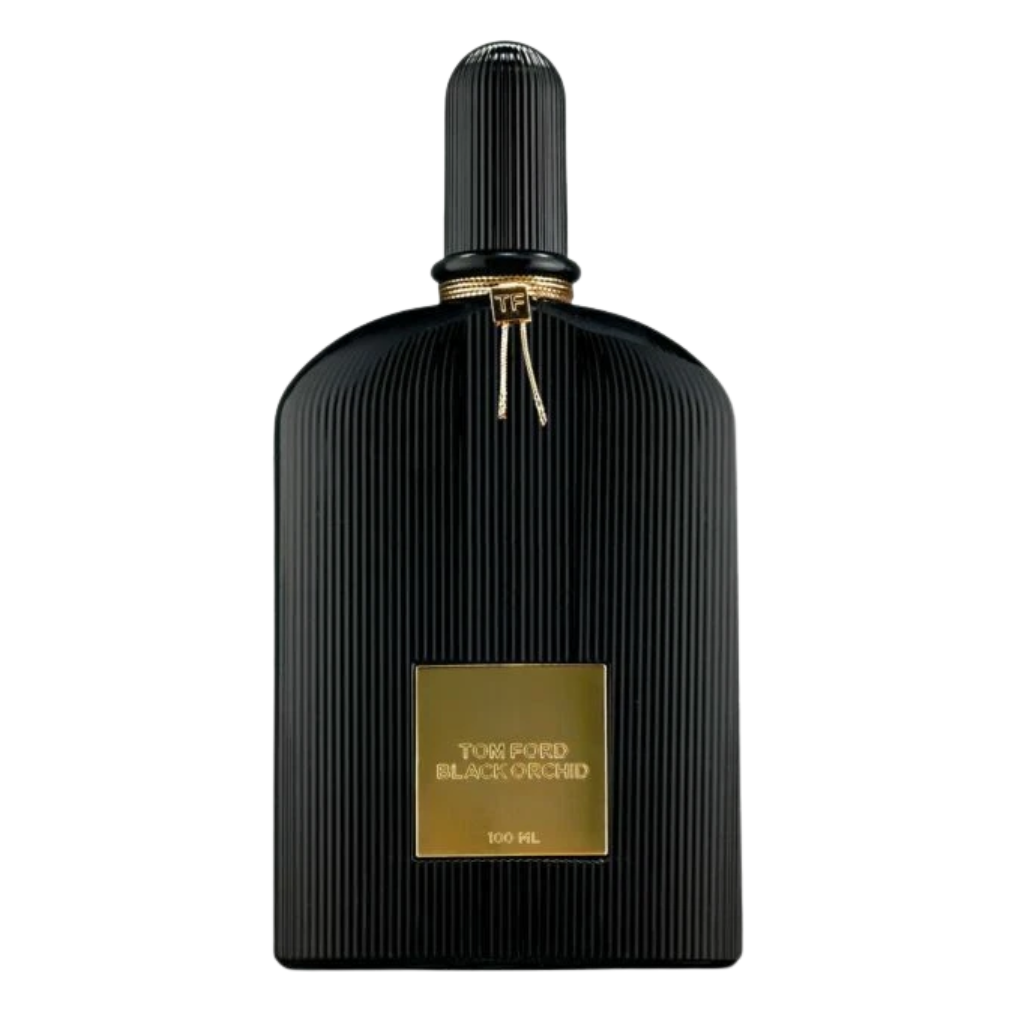 Black Orchid EDP in a sleek black ribbed bottle with gold label and elegant cap for luxury fragrance decants