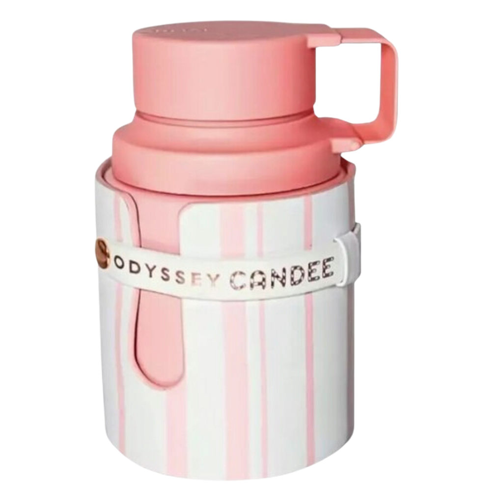 Odyssey Candee EDP perfume bottle with pink cap and white container featuring pink stripes and branded strap.