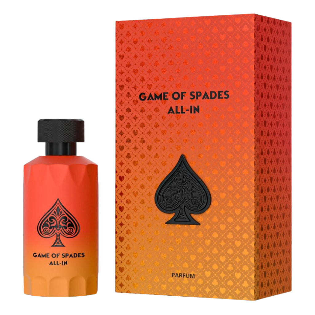 Game of Spades All-In Parfum in an orange gradient bottle with a matching box featuring a black spade design