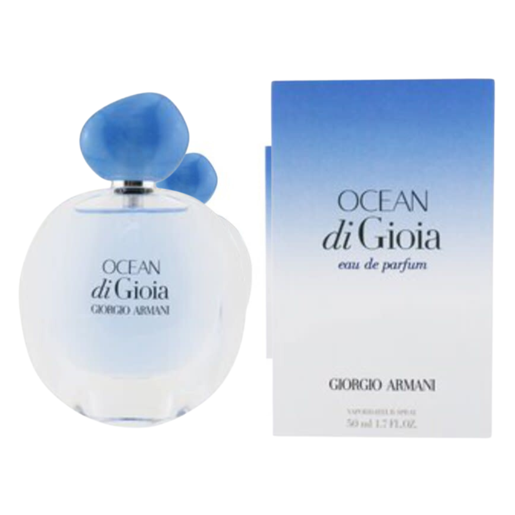 Ocean Di Gioia EDP perfume bottle with blue cap and matching blue gradient packaging box by Giorgio Armani