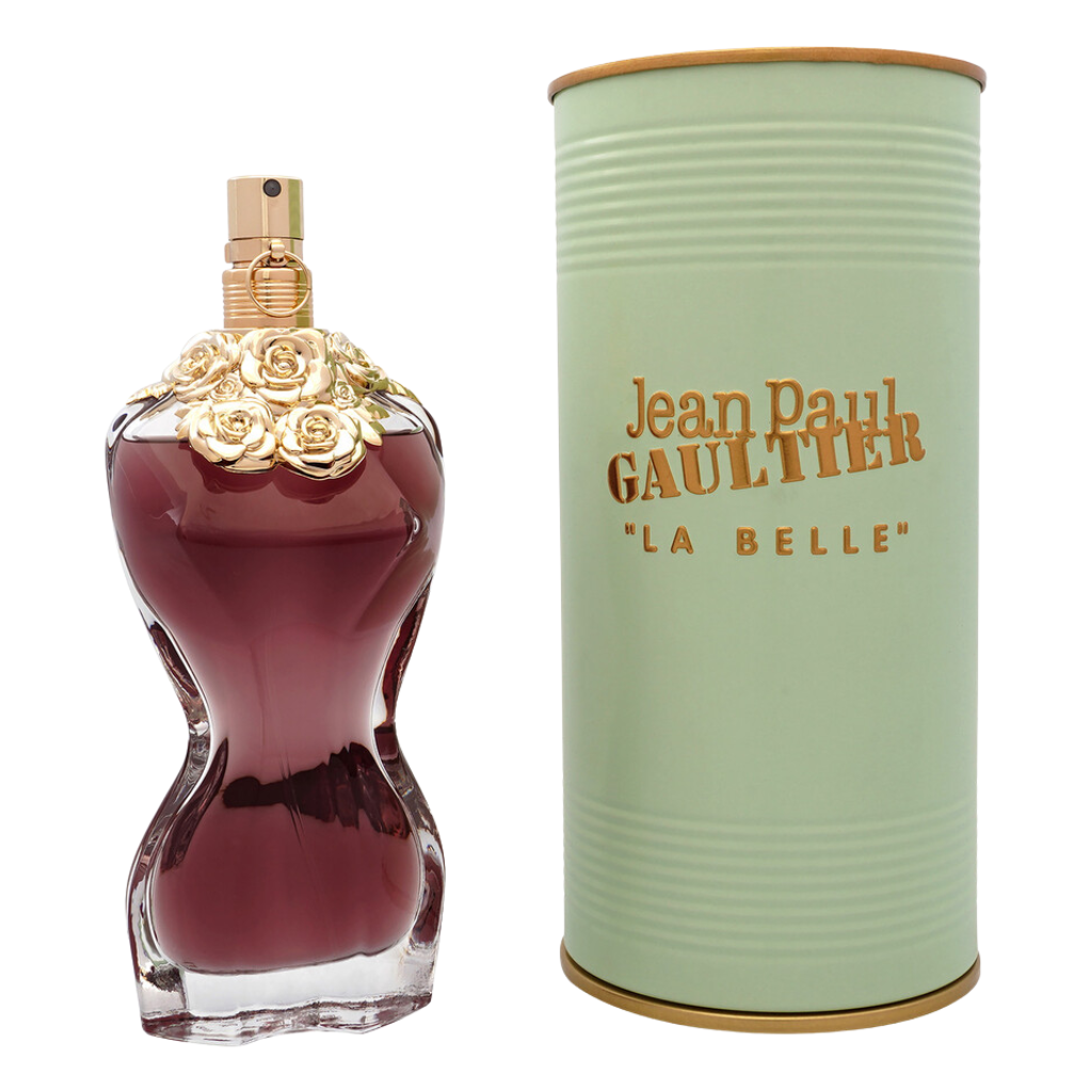 Elegant La Belle EDP perfume bottle with floral gold accents beside mint green luxury packaging tube