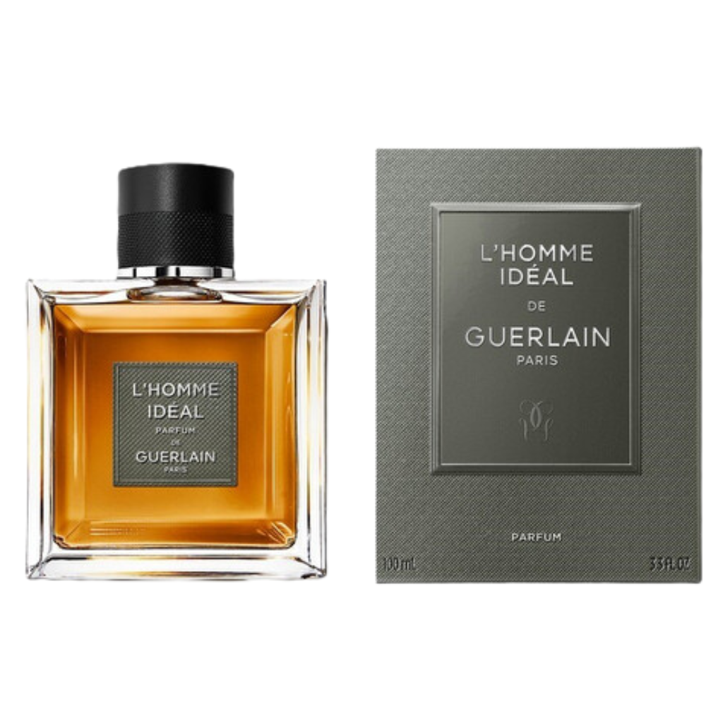 Bottle and box of L'Homme Ideal Parfum showcasing its amber liquid and textured packaging design for a refined fragrance experience