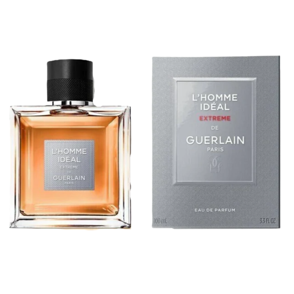 L'Homme Ideal Extreme EDP perfume bottle with amber liquid next to its gray textured box packaging