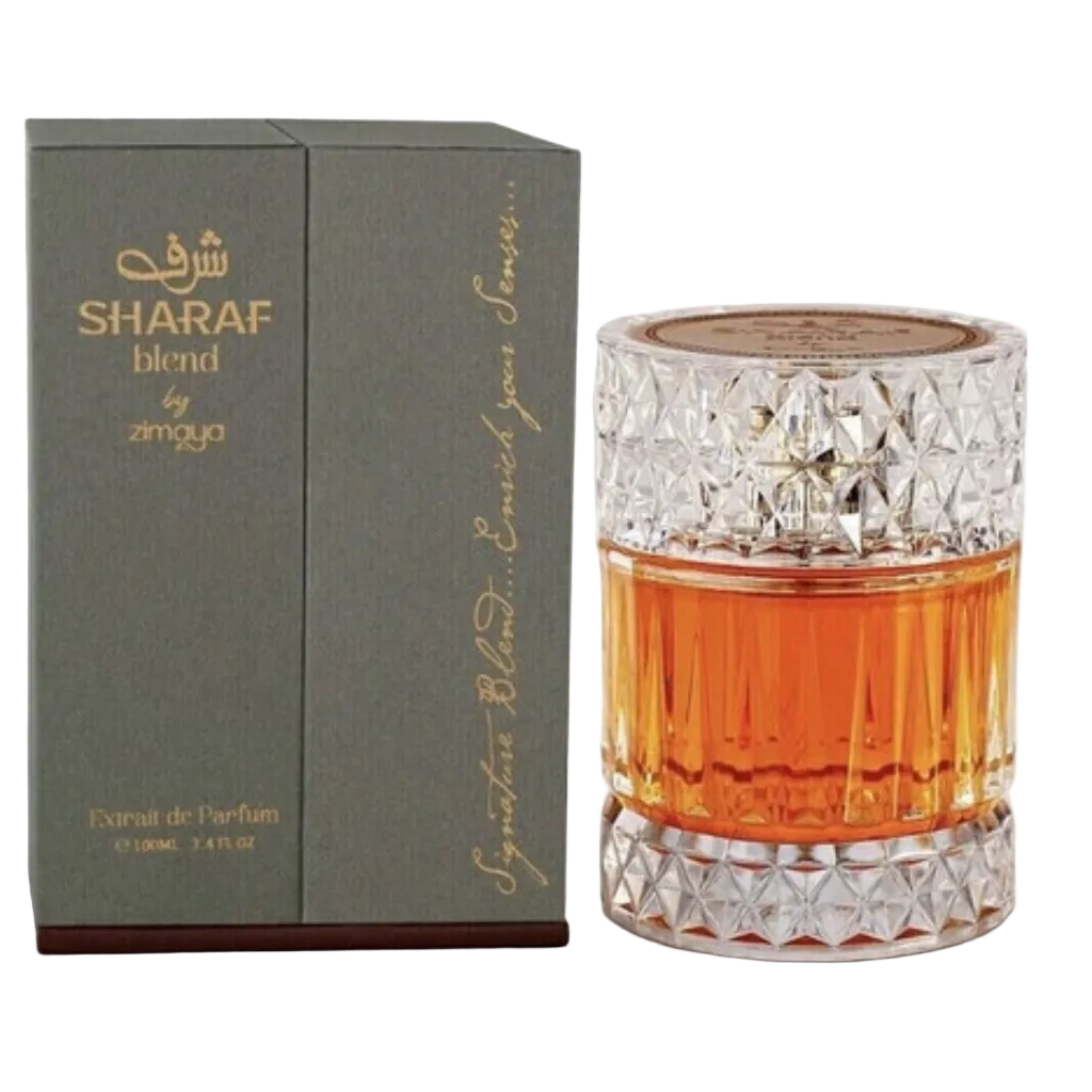 Sharaf Blend Extrait de Parfum in a textured glass bottle beside a dark green elegant box packaging