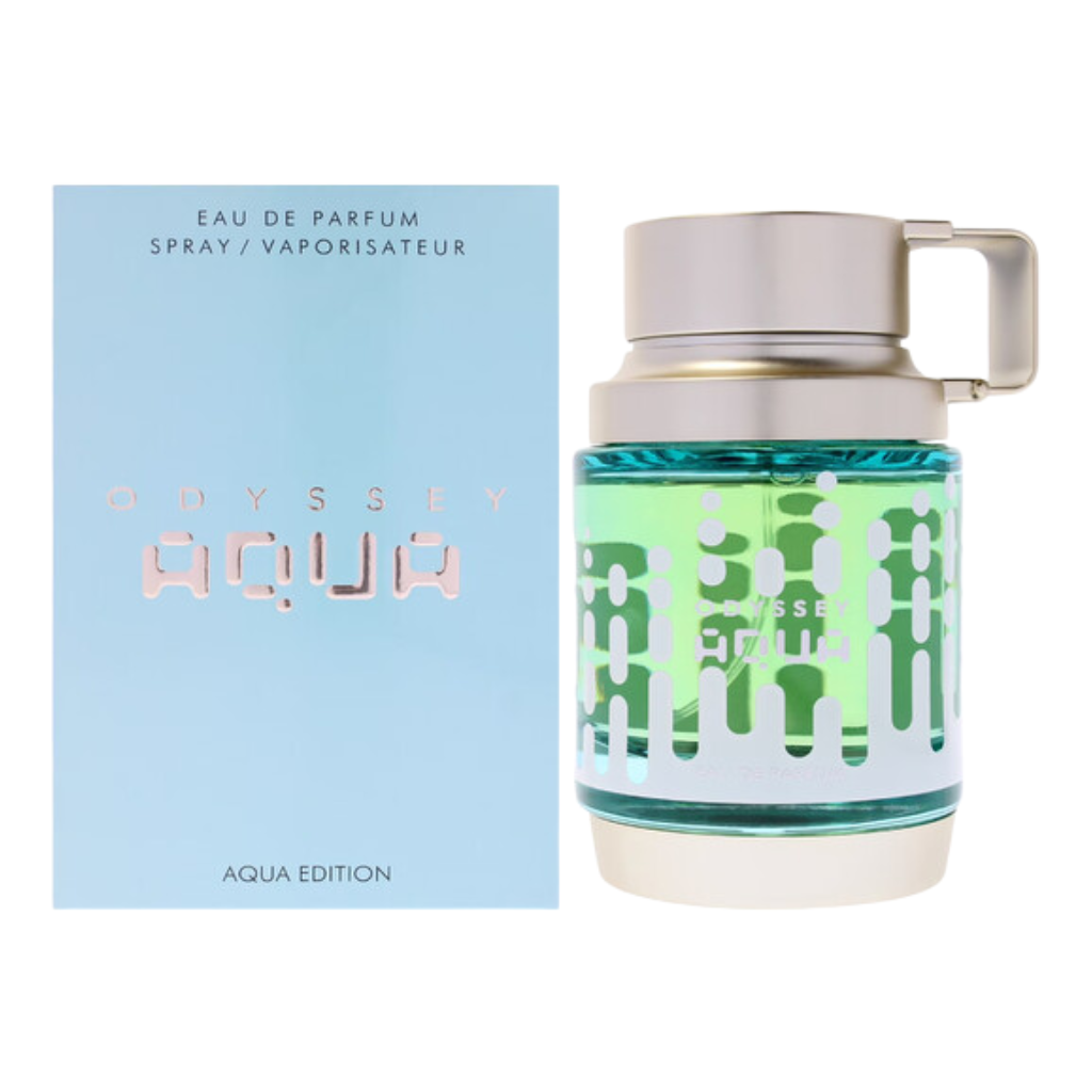 Odyssey Aqua EDP fragrance bottle with aqua-themed design and matching light blue packaging box.