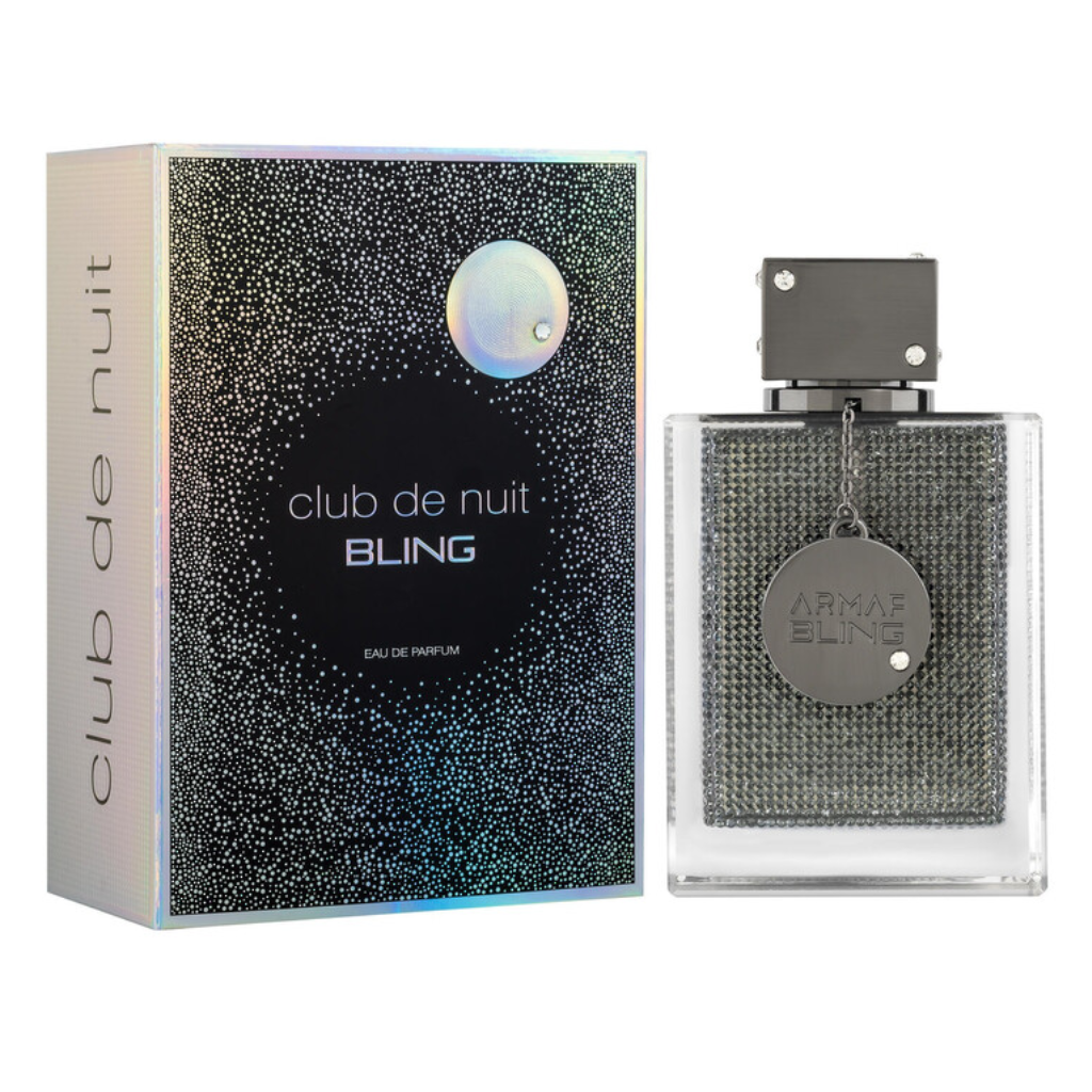 Club De Nuit Bling EDP perfume bottle with black textured design and matching holographic packaging for luxury fragrance decants