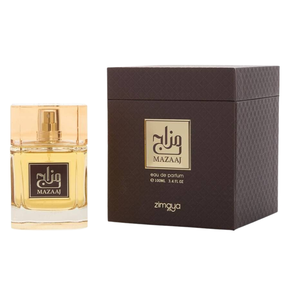 Mazaaj EDP perfume bottle with light amber liquid next to textured dark brown packaging box for luxury fragrance.