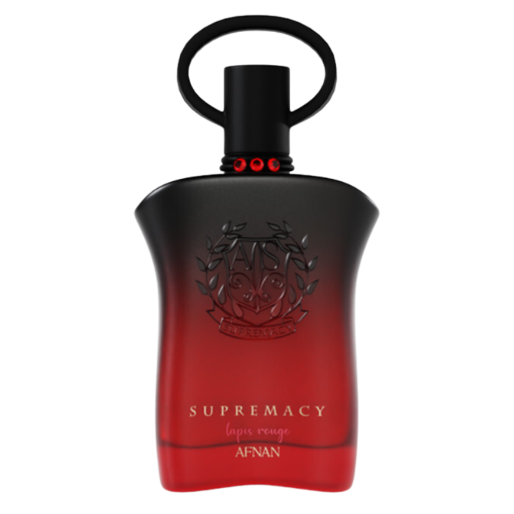Elegant red-to-black gradient perfume bottle of Supremacy Tapis Rouge EDP with black cap and subtle embossed logo design