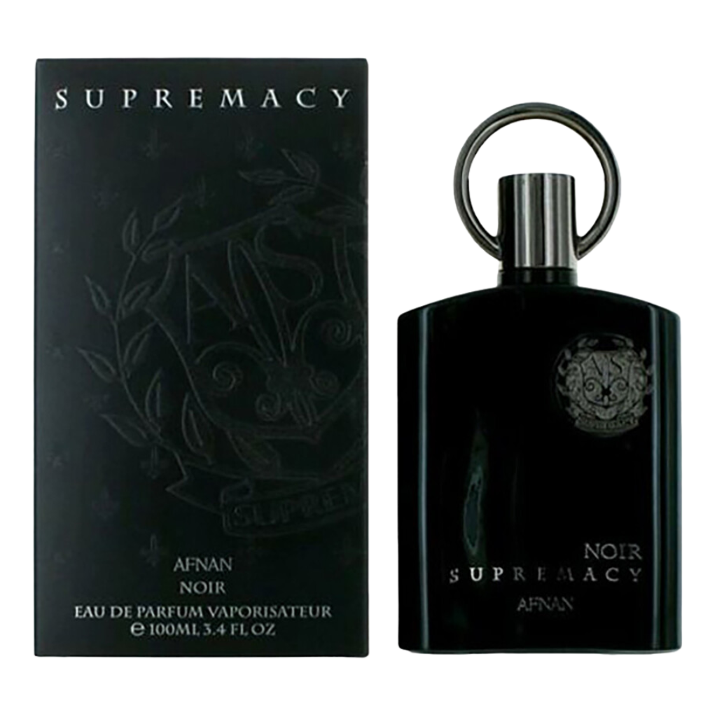 Black bottle and packaging of Supremacy Noir EDP fragrance with elegant minimalist design and subtle logo details