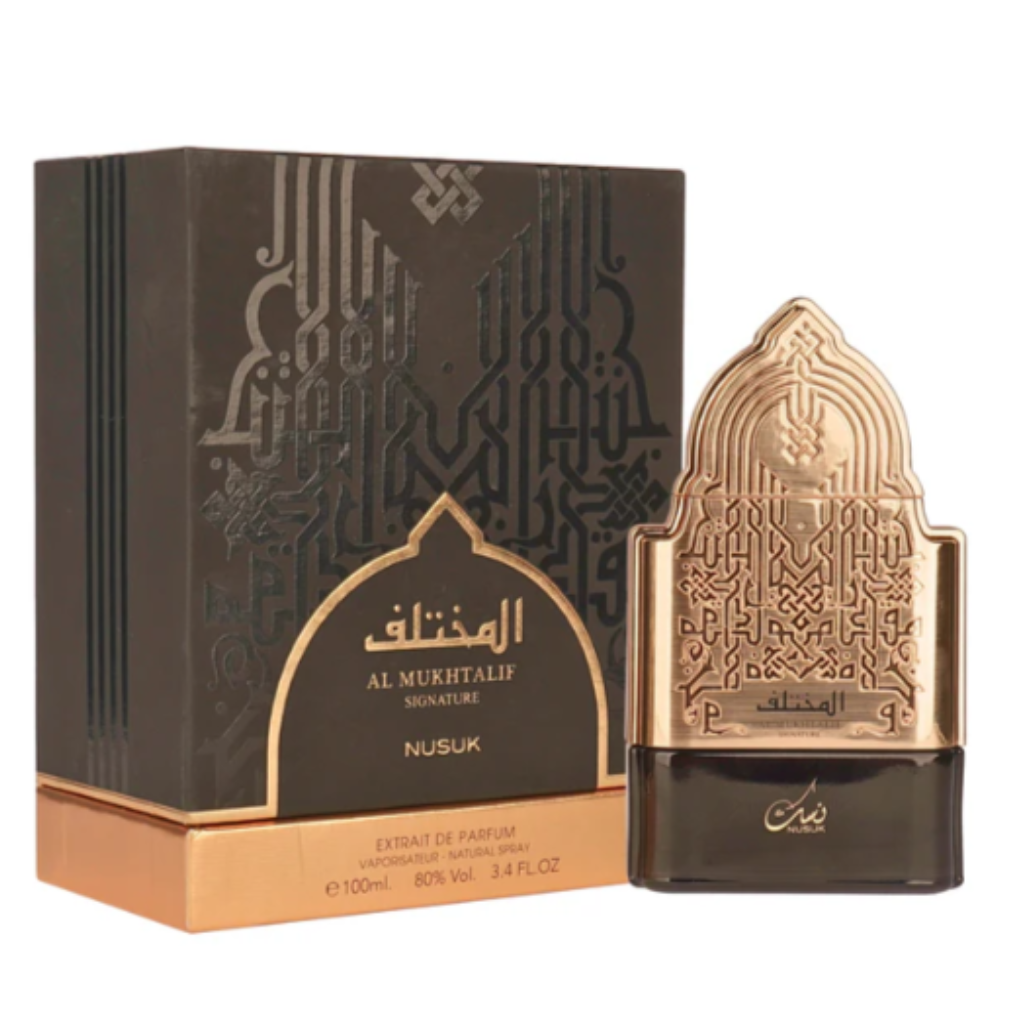 Luxury 100ml fragrance bottle with ornate golden cap and black and gold box for Al Mukhtalif Extrait de Parfum
