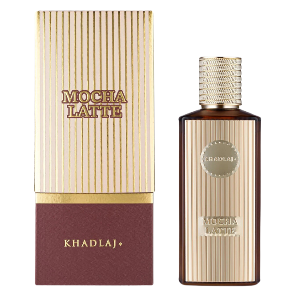 Mocha Latte Extrait de Parfum bottle and box with beige and brown striped elegant packaging design
