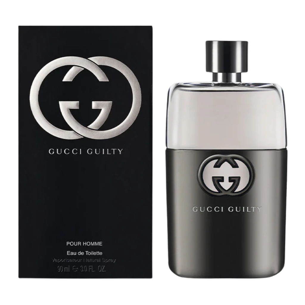 Black and silver Gucci Guilty Pour Homme EDT perfume bottle with matching black packaging box.