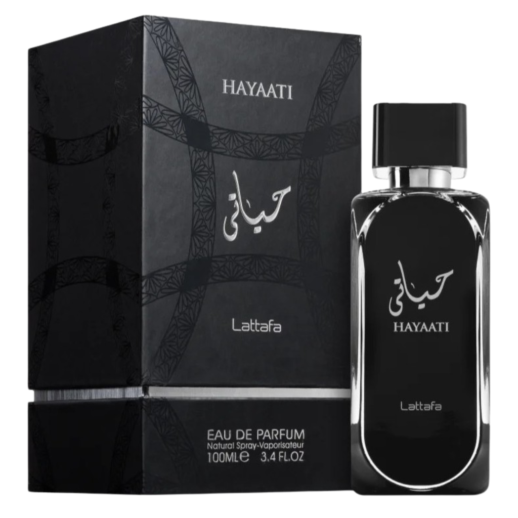 Elegant black glass bottle and box of Hayaati EDP with silver Arabic calligraphy and modern design accents