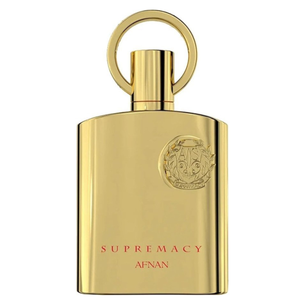 Elegant gold perfume bottle with ornate ring cap and embossed emblem for Supremacy Gold EDP fragrance
