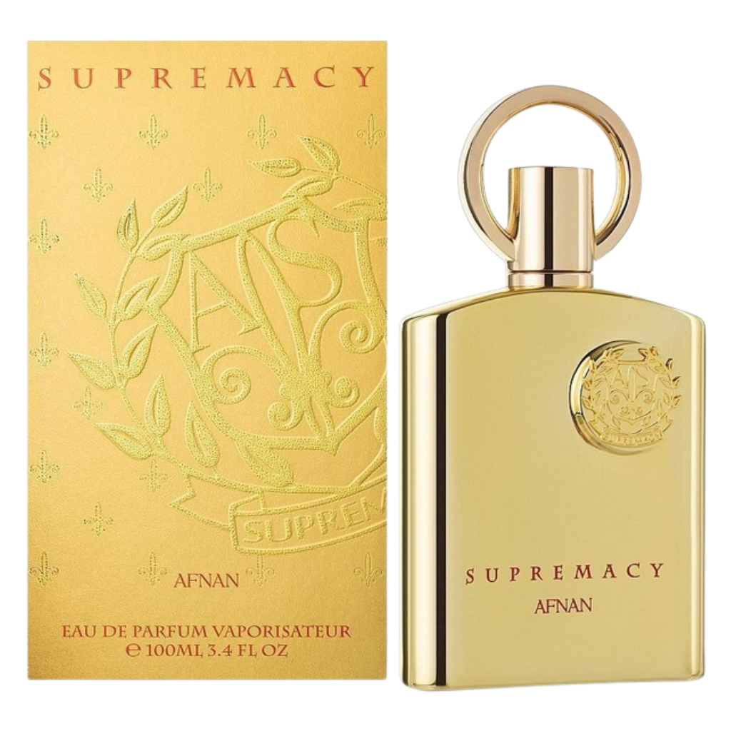 Supremacy Gold EDP perfume bottle and matching gold box with embossed design and circular ring cap displayed side by side